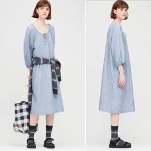 UNIQLO X J.W. ANDERSON Linen Blend Striped Gathered 3/4 Sleeved Dress